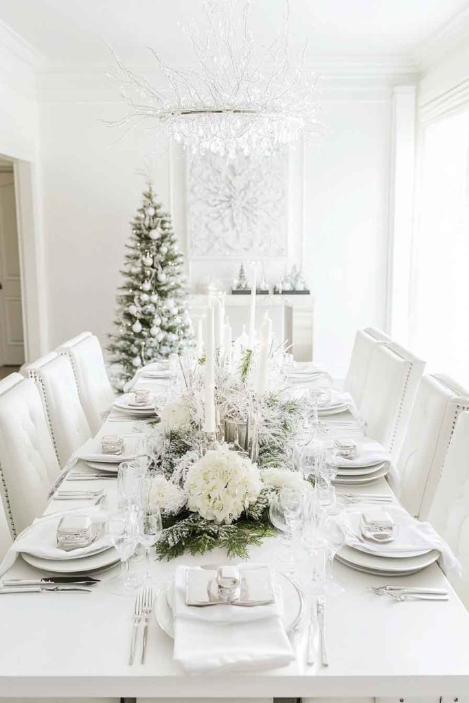 Modern White Christmas Dining Area with Statement Chandelier