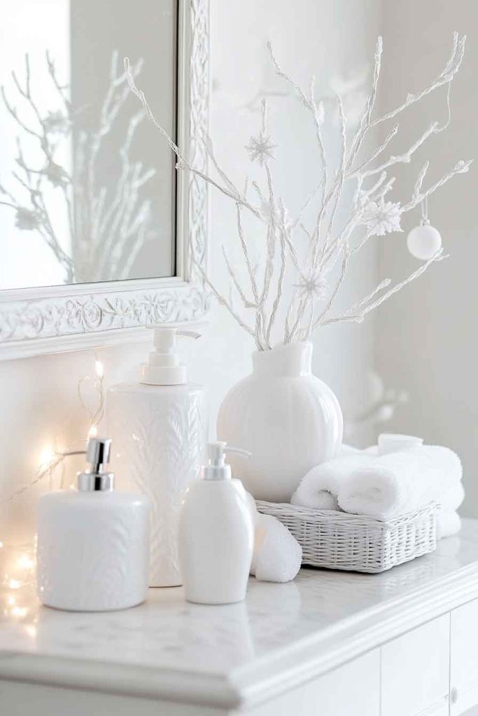Elegant White Christmas Bathroom Vanity Styling