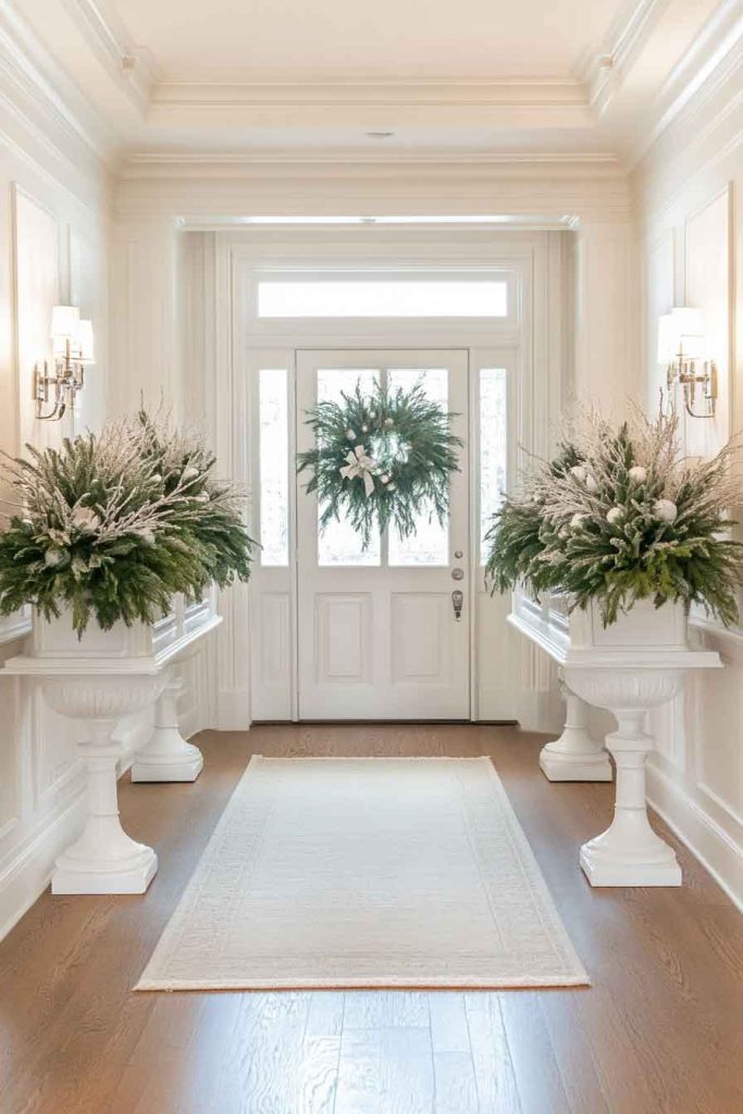 White Christmas Entryway with Formal Greenery