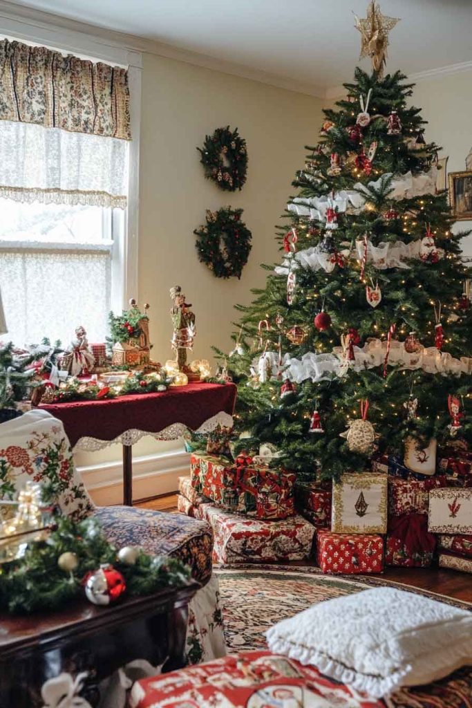 Victorian Christmas Tree Skirt with Antique Quilts