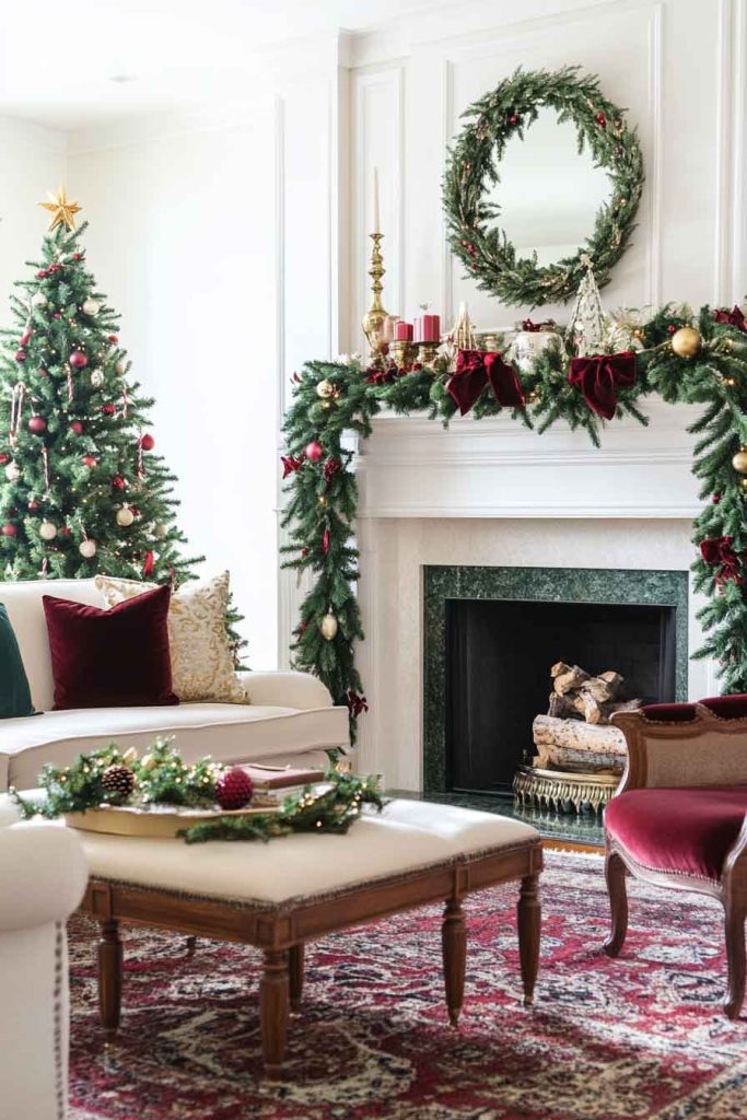 Elegant Traditional Living Room with Evergreen Focal Point