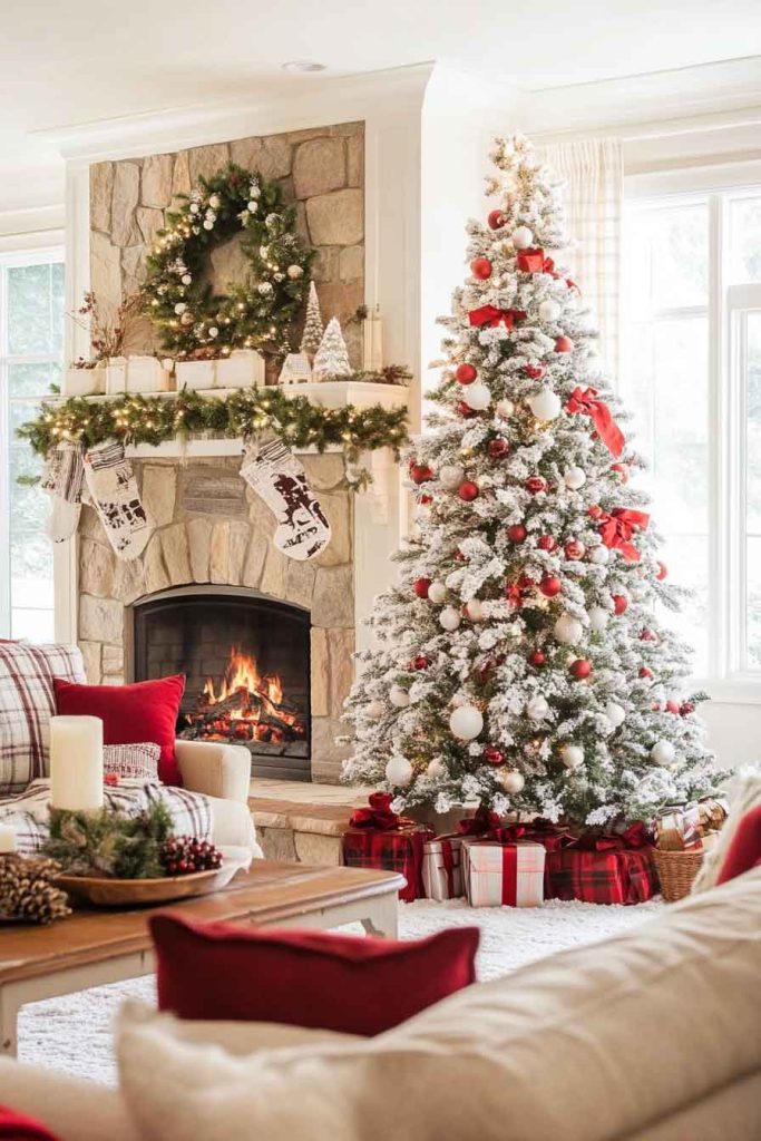Classic Living Room with Flocked Christmas Tree