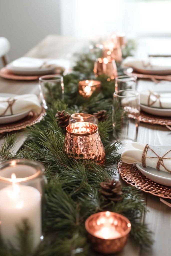 Copper and Evergreen Christmas Table