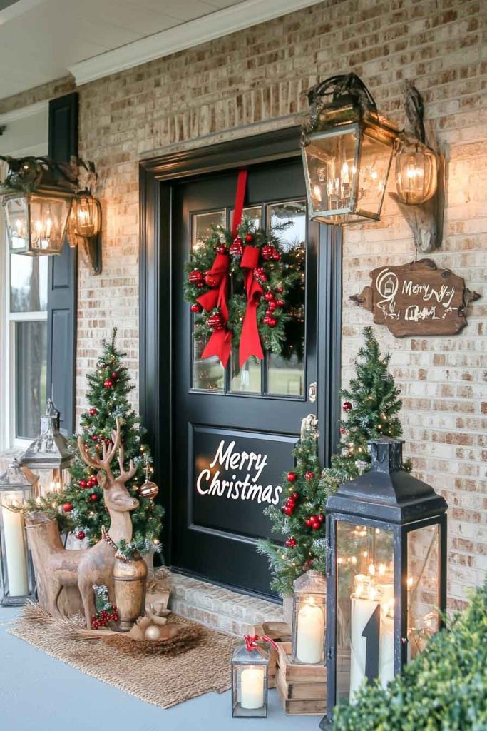 Front Porch with Standing Reindeer Planters