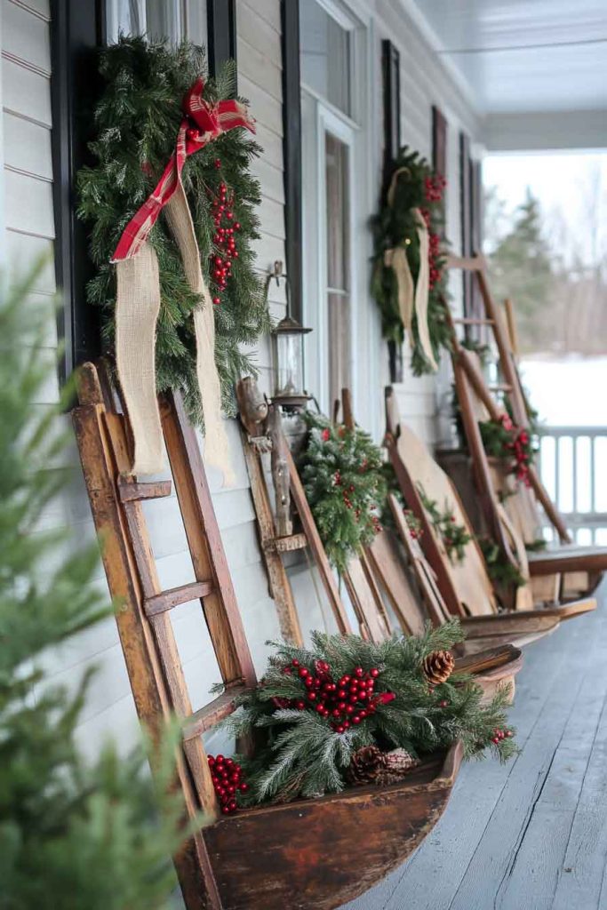 Christmas Porch with Vintage Sleds