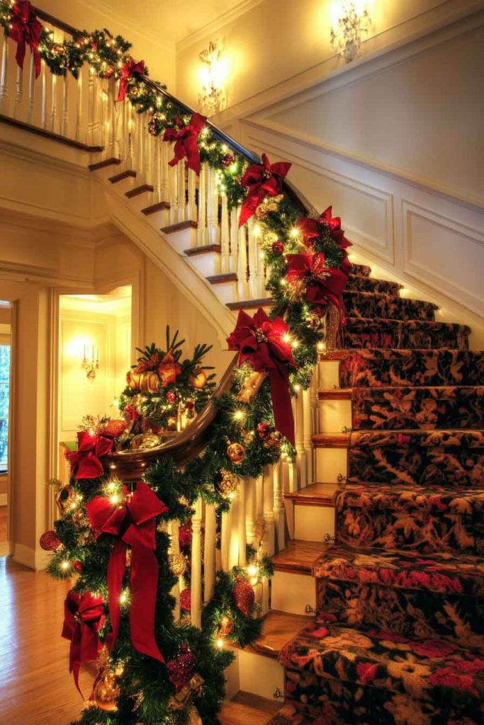 Grand Staircase with Garland and Lights