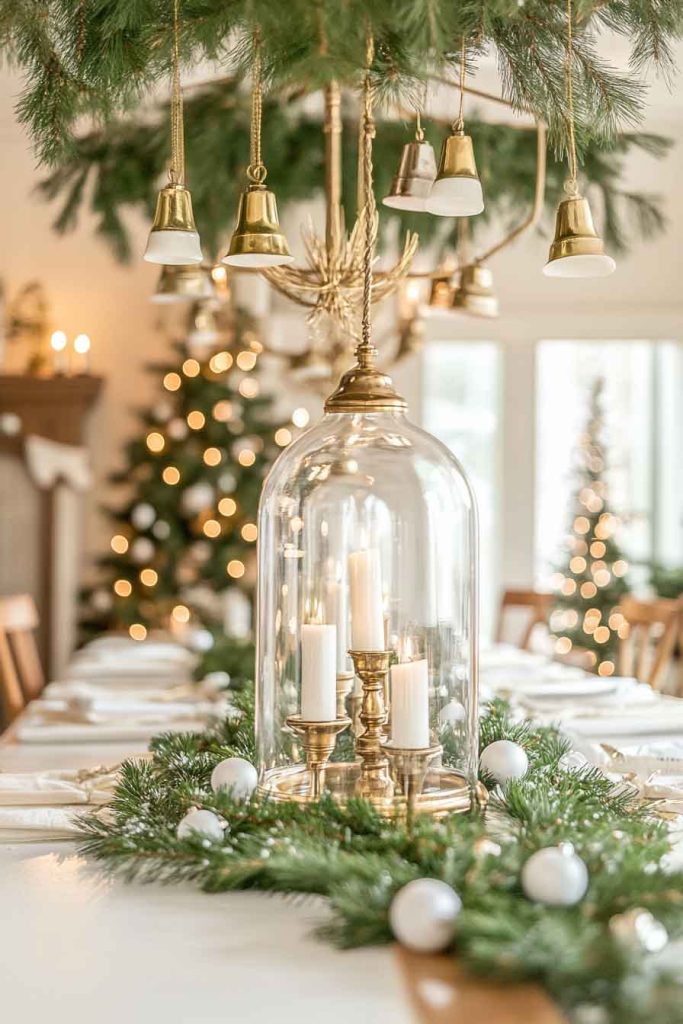 This image shows a cozy cottage-style dining room decorated for Christmas