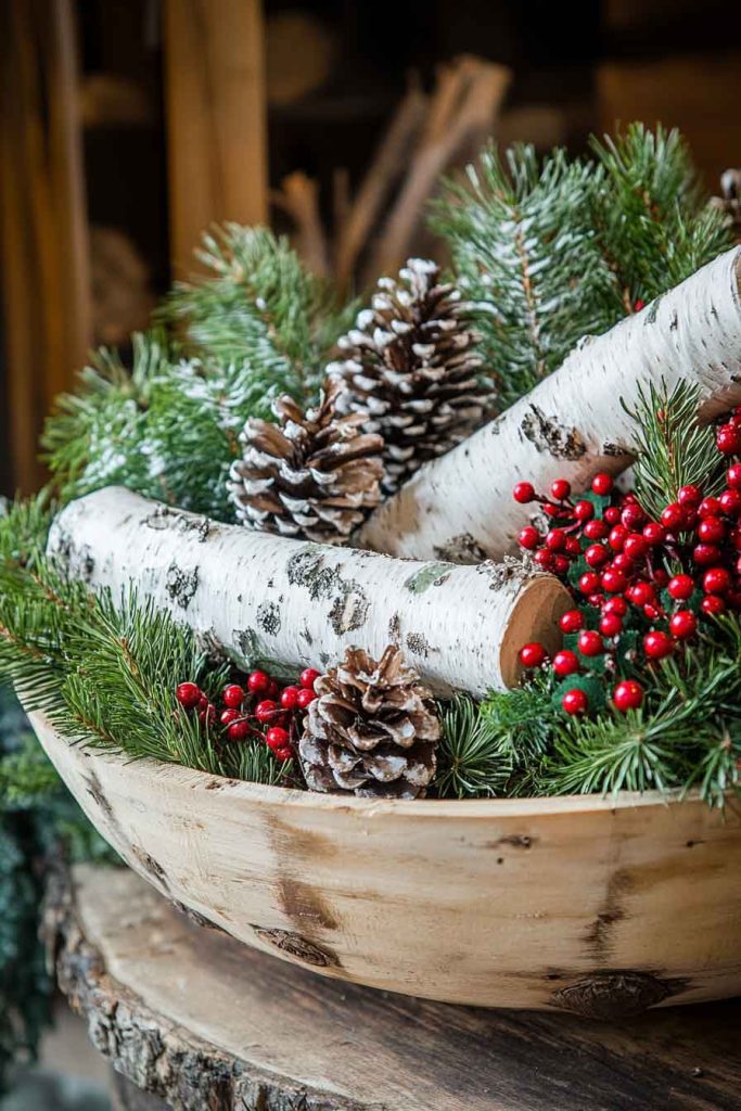 Rustic Birch Log and Pinecone Display