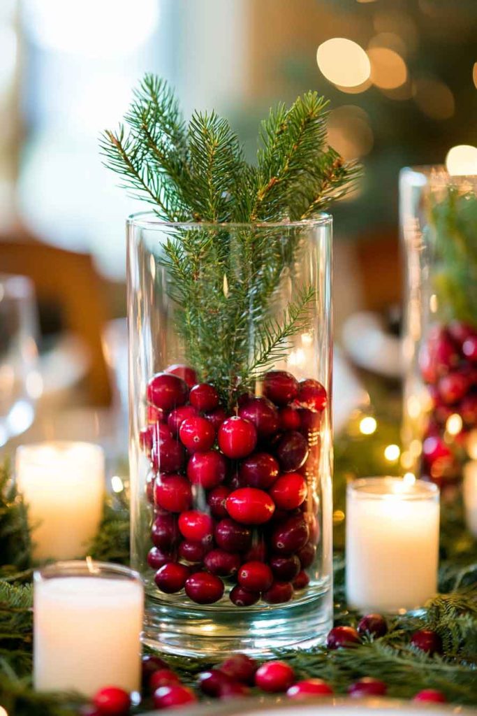 Festive Cranberry and Evergreen Vase Display