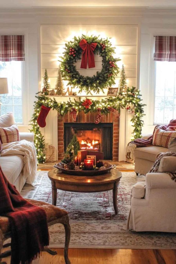 Cozy Living Room with Pre-Lit Wreath
