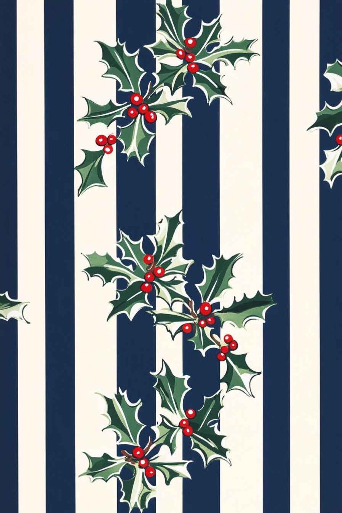 Navy Blue and White Striped with Holly Accents