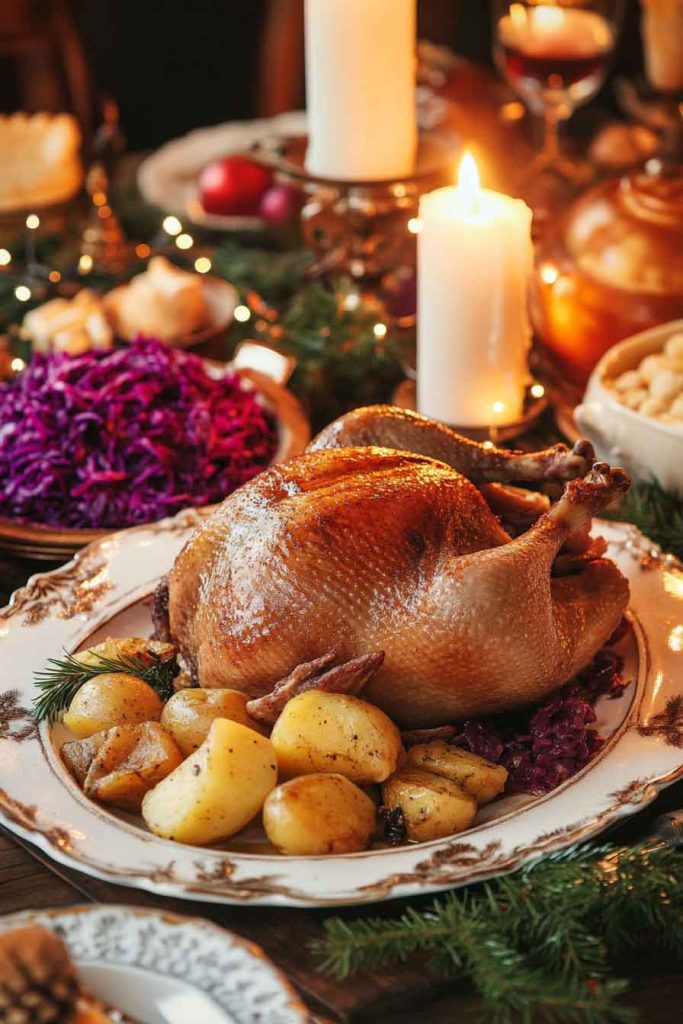 German Christmas Dinner with Roast Goose