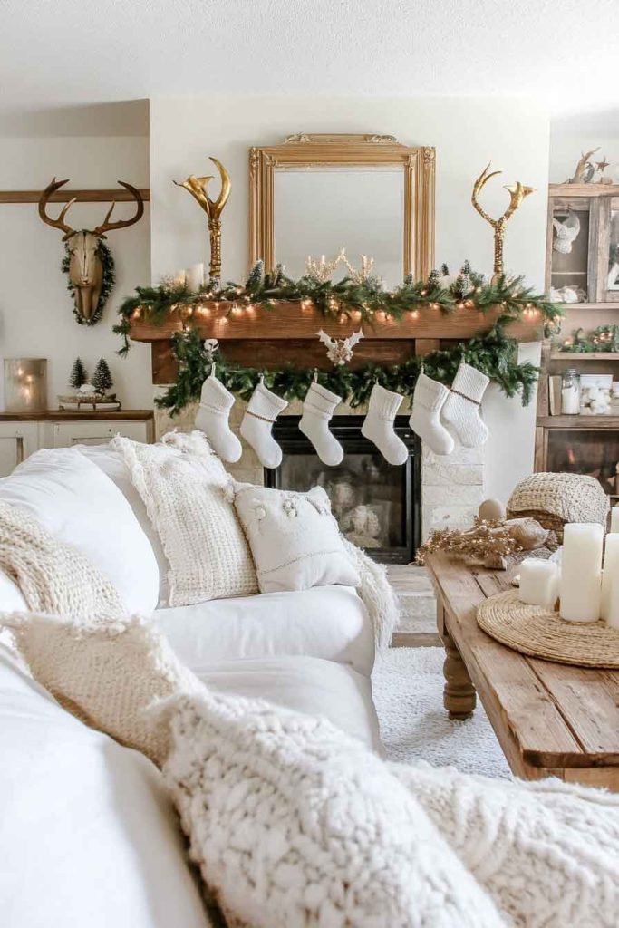 This image shows a warm and cozy cottage living room decorated for Christmas