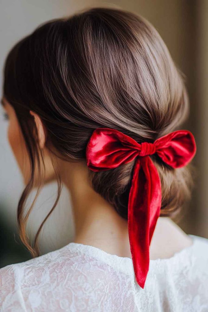 Elegant Low Bun with Red Ribbon