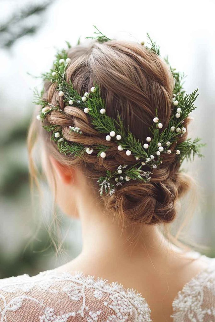 Braided Updo with Fresh Evergreen Sprigs