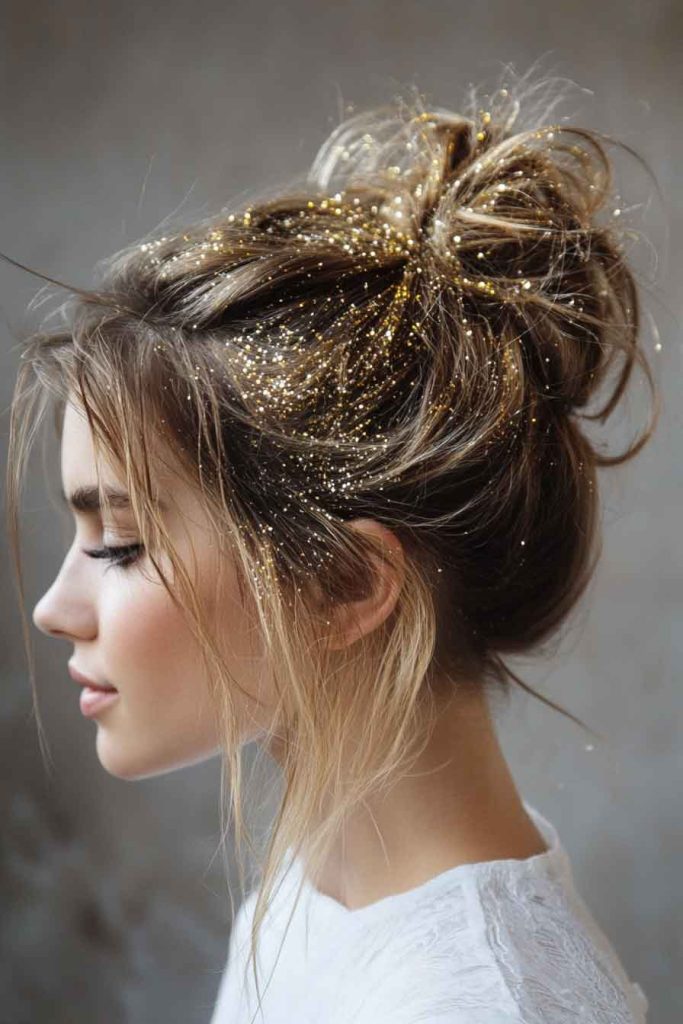Messy Bun with Glitter Hair Spray