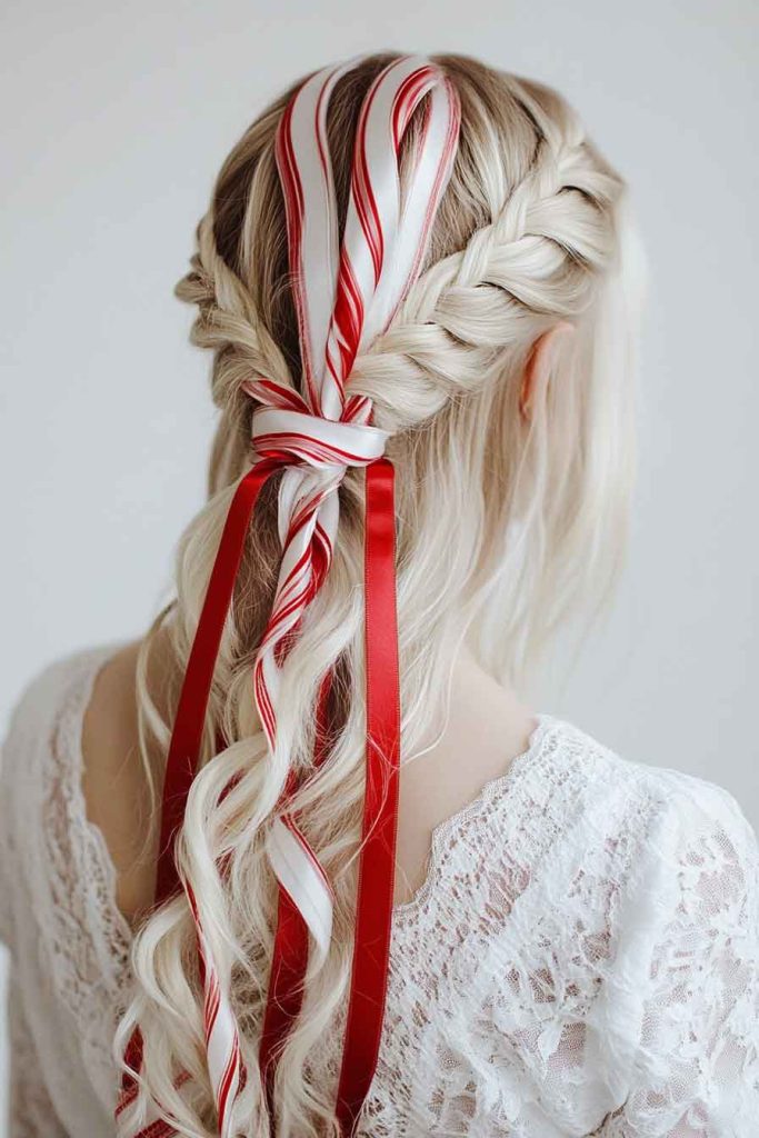Waterfall Braid with Candy Cane Ribbons