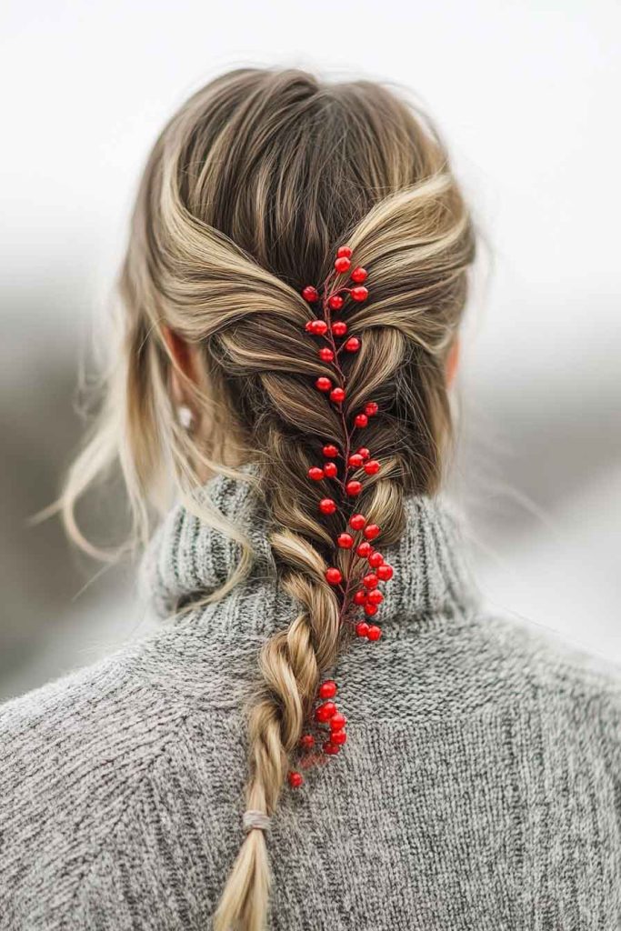 Fishtail Braid with Red Berry Accents