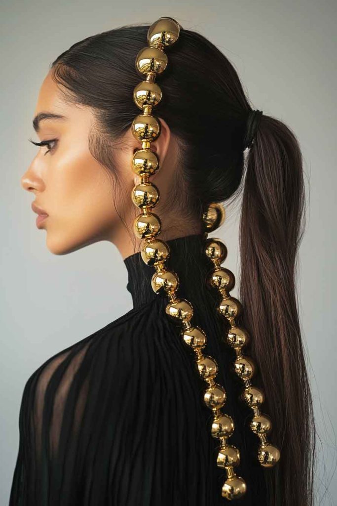 Bubble Ponytail with Gold Hair Rings