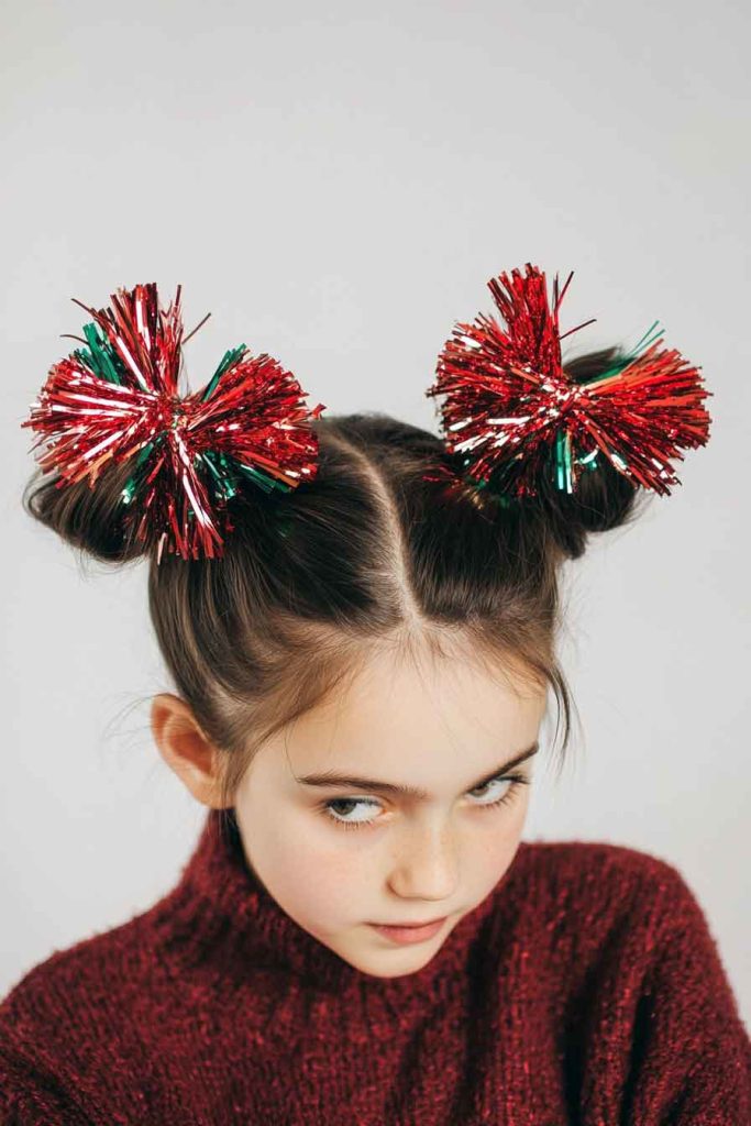 Space Buns with Tinsel Wrapped Around