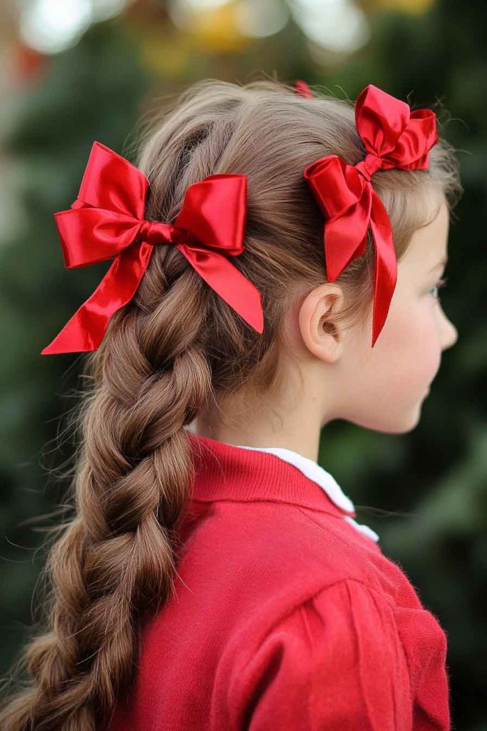 Braided Pigtails with Red Bows
