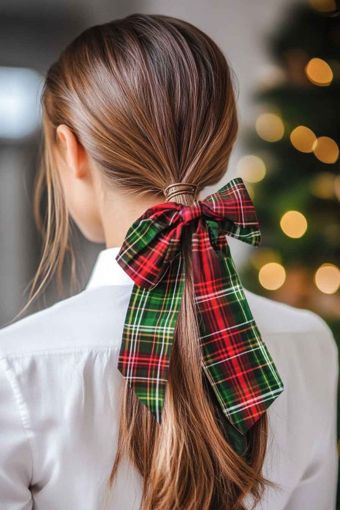 Low Ponytail with Plaid Ribbon Wrap