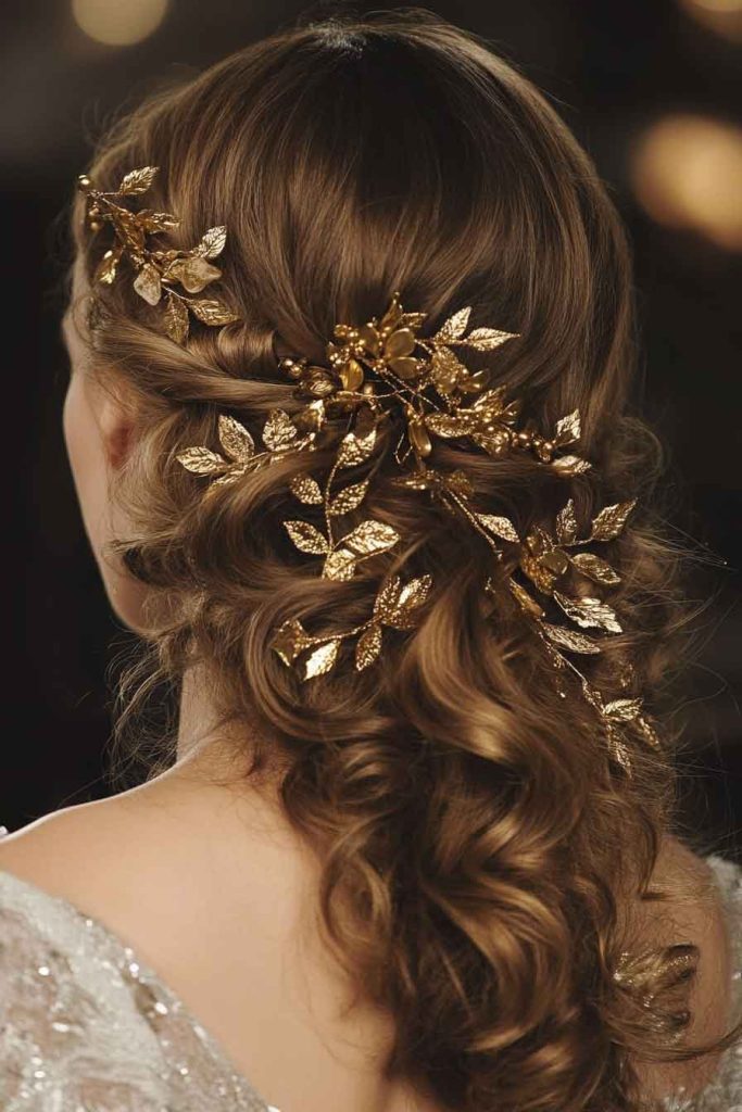 Voluminous Curls with Gold Leaf Accessories