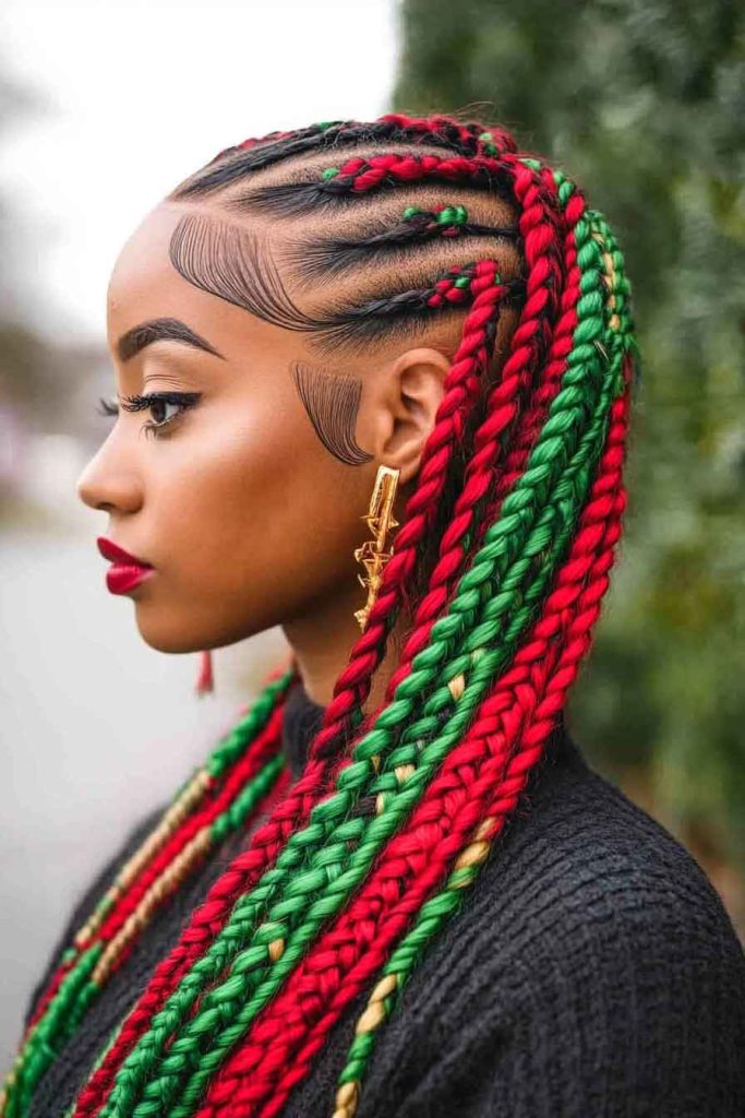 Cornrows with Colored Yarn Woven Through