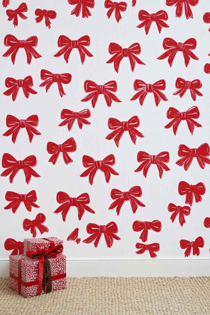White Background with Red Bow Pattern