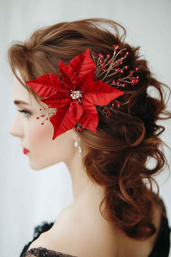 Asymmetrical Updo with Poinsettia Flower Clip
