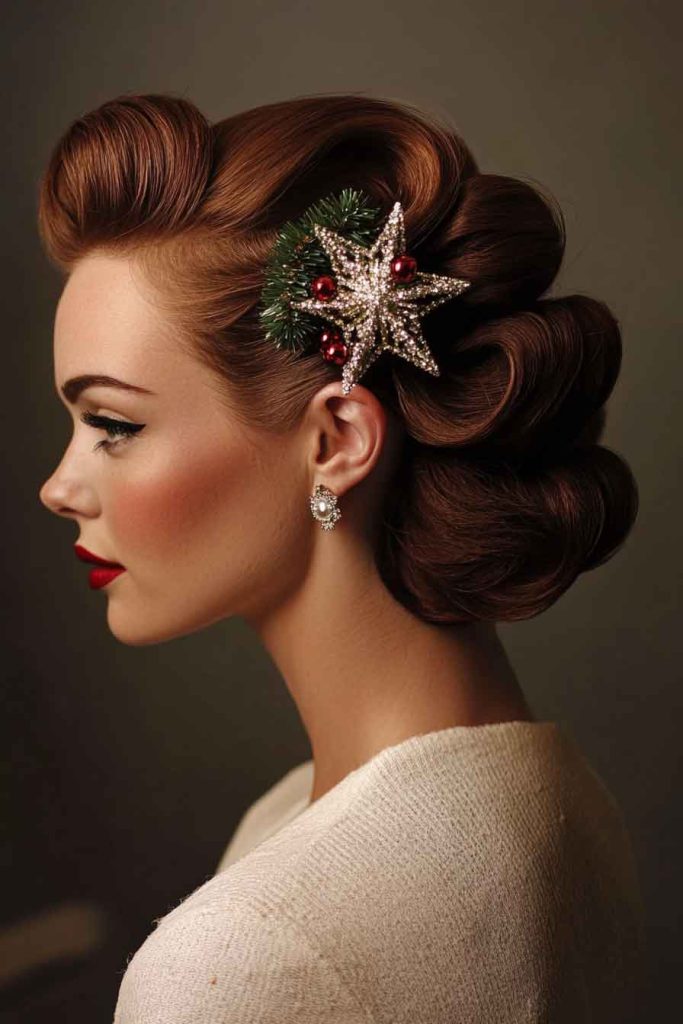 Victory Roll with Christmas Brooch