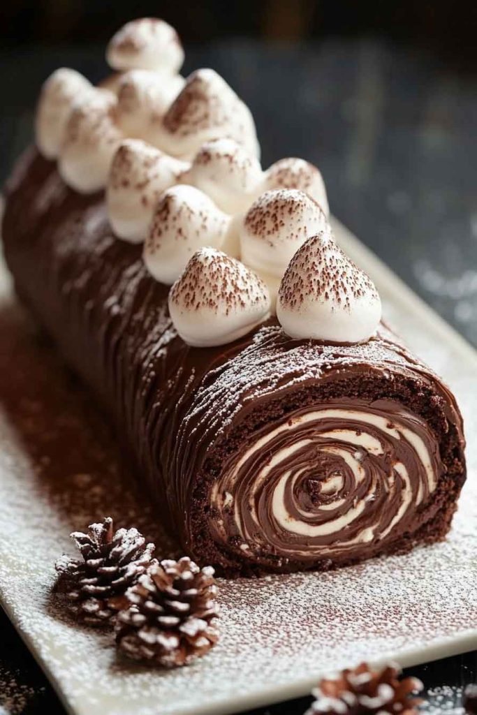Chocolate Yule Log with Meringue Mushrooms