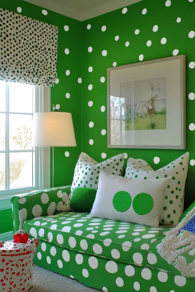 Kelly Green with White Polka Dots
