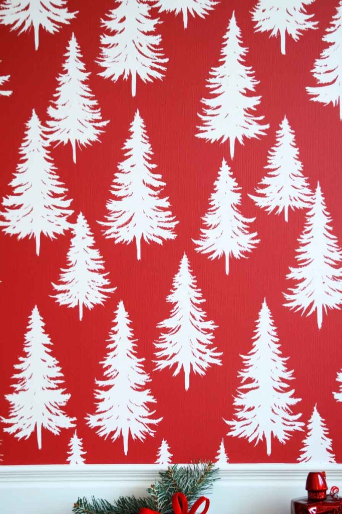 Red Background with White Pine Trees