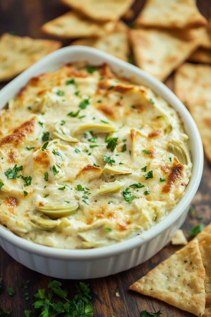 Warm Artichoke and Parmesan Dip with Pita Chips