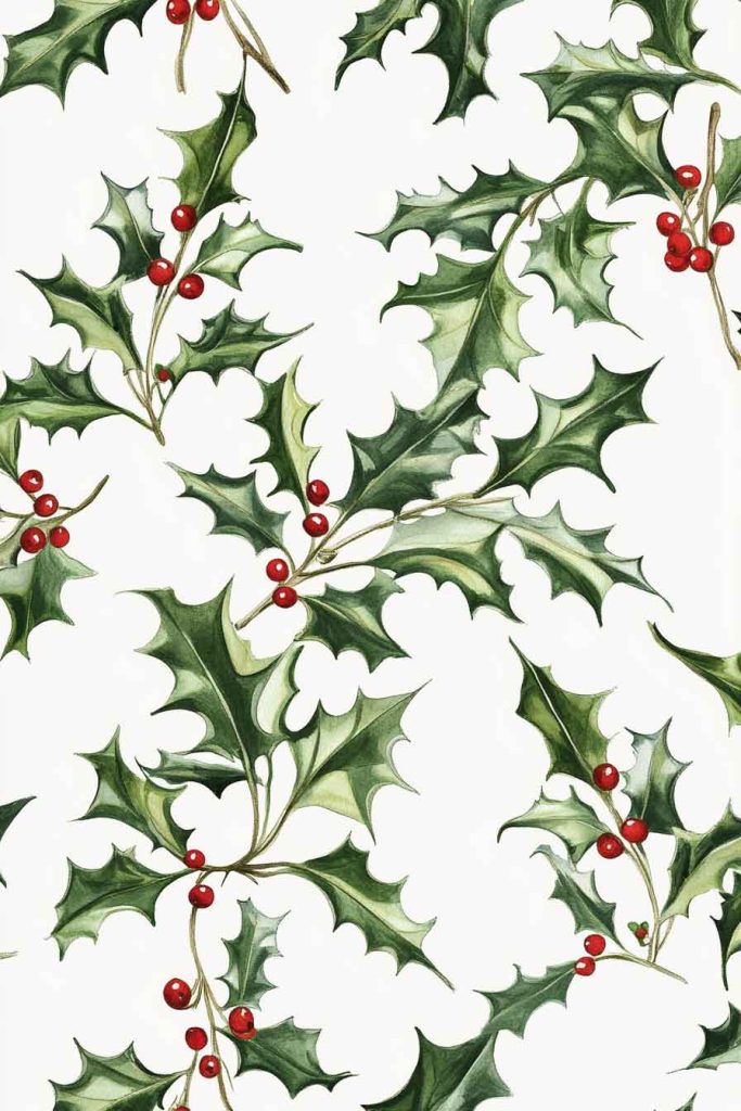 White with Green Holly Leaves