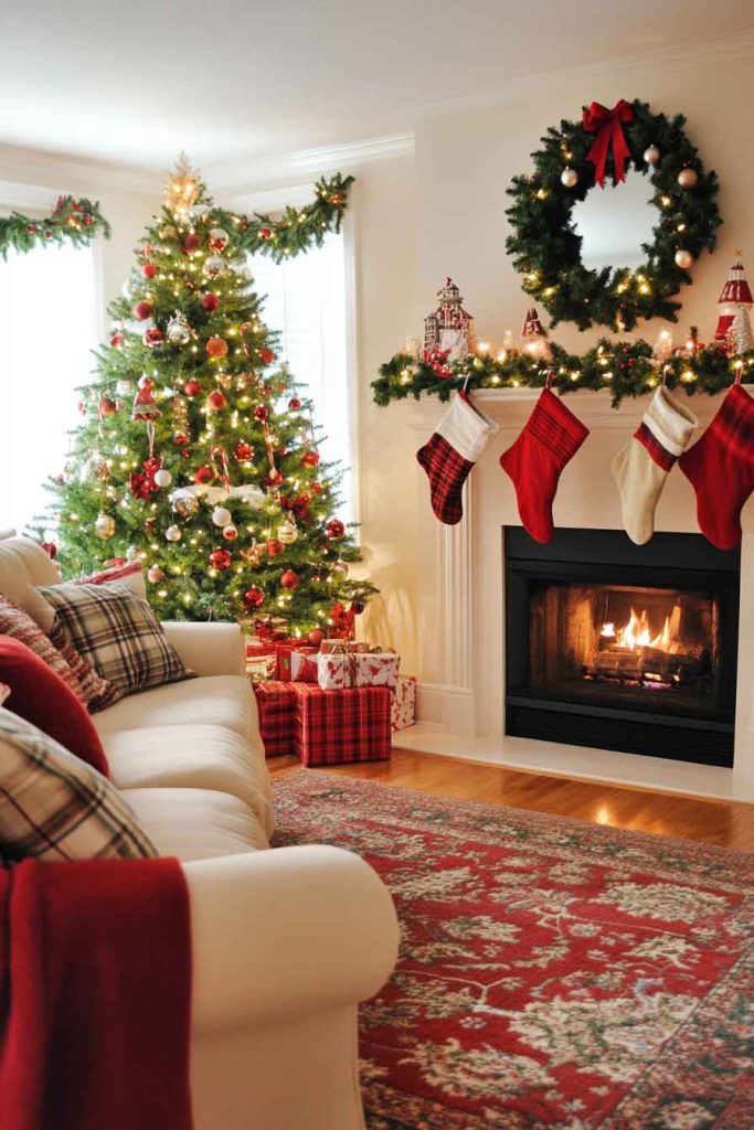 Classic Red and Green Living Room with Traditional Christmas Tree
