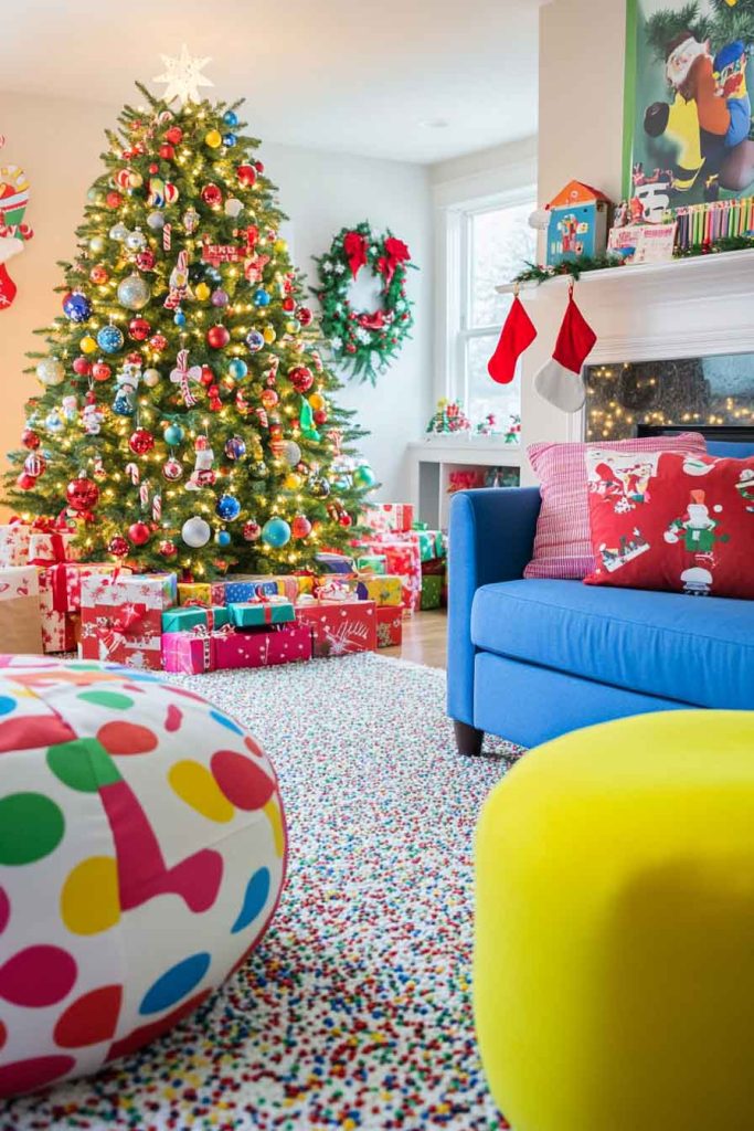 Bright and Colorful Kids' Christmas Living Room