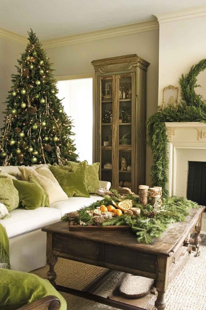 Nature-Inspired Green Christmas Living Room