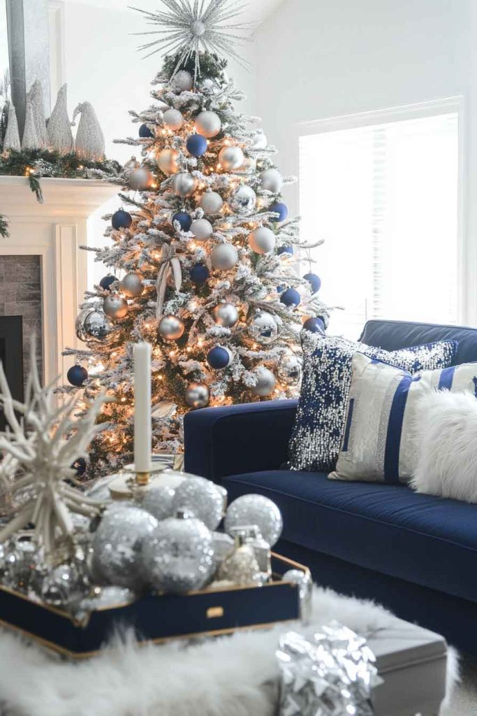 Elegant Navy and Silver Christmas Living Room
