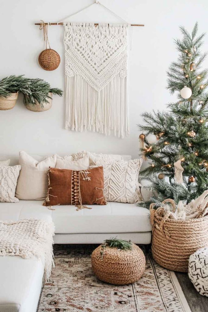 Boho Christmas Living Room with Macramé and Textures
