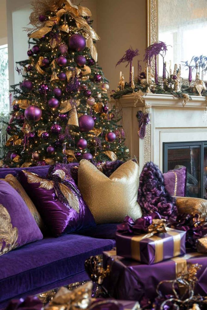 Luxe Purple and Gold Christmas Living Room