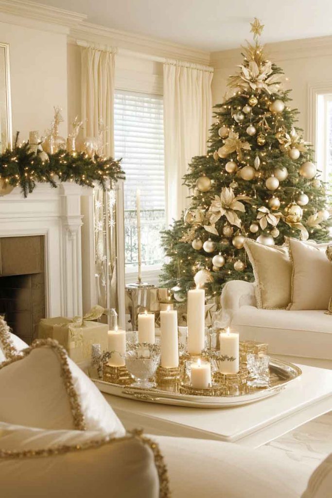 Elegant Cream and Gold Christmas Living Room
