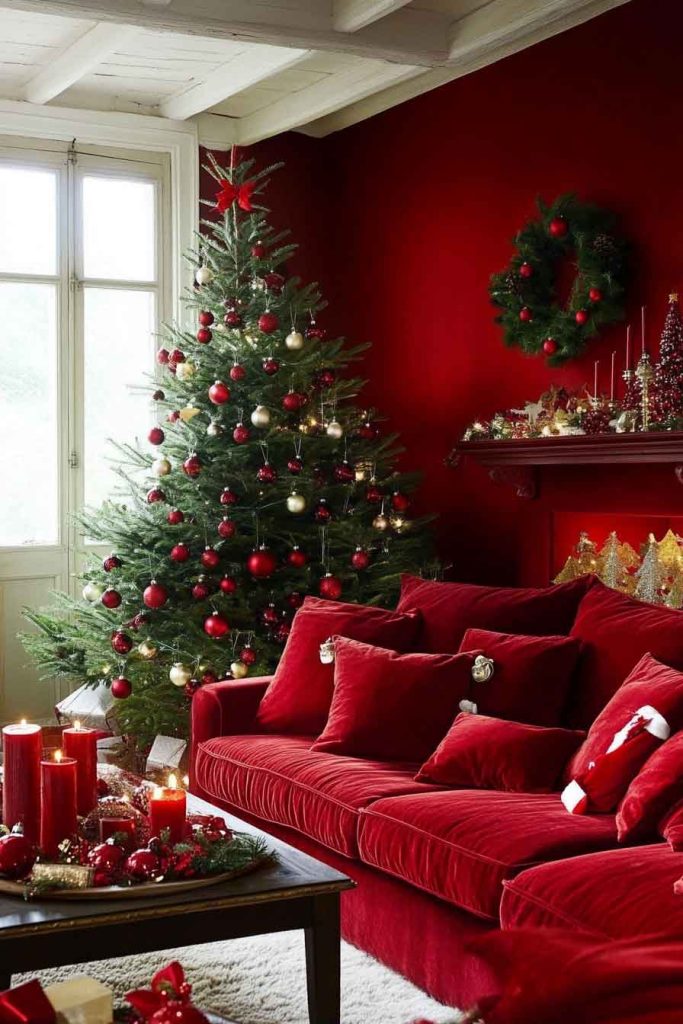 Cherry Red Monochromatic Christmas Living Room