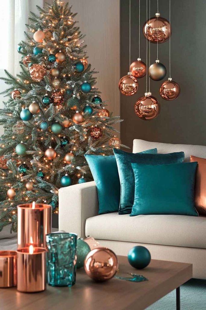 Copper and Teal Christmas Living Room