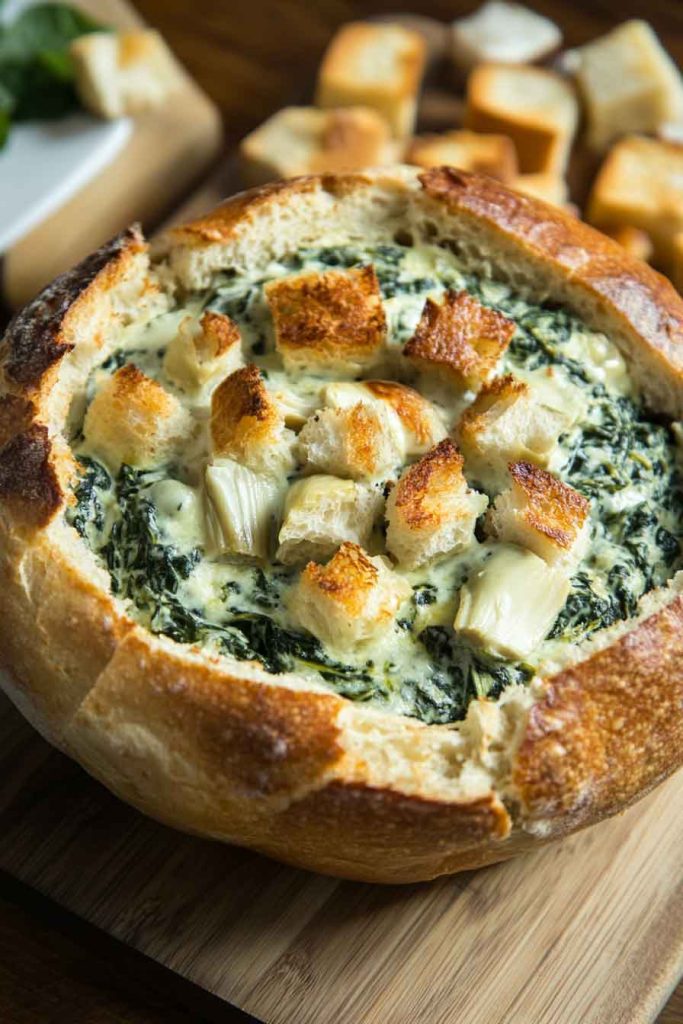Spinach and Artichoke Dip in Bread Bowl