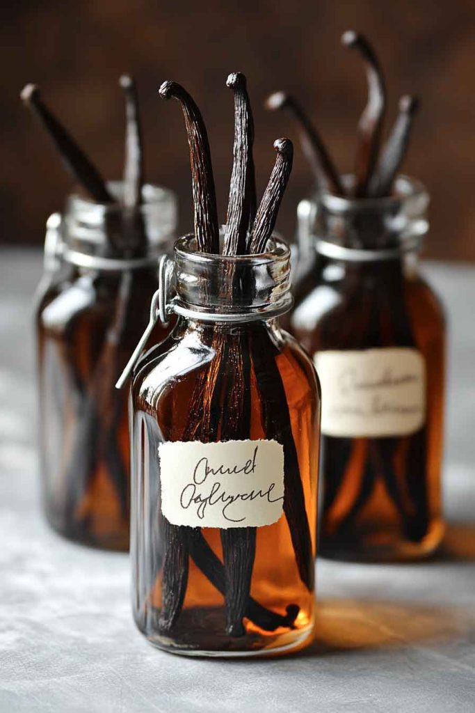 Homemade Vanilla Extract in Amber Bottles