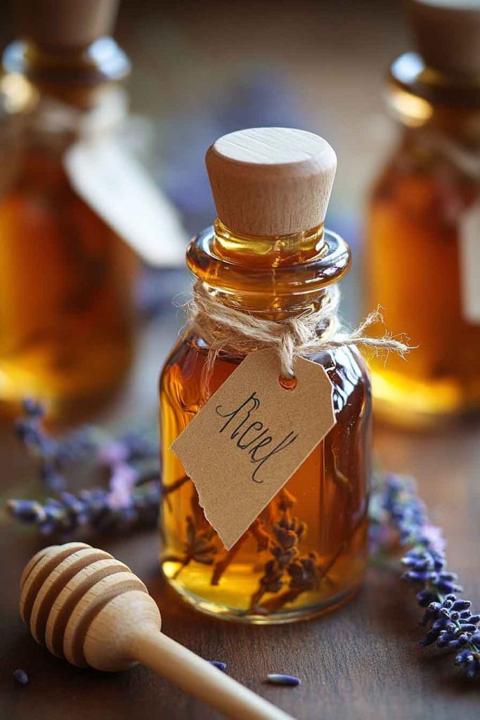 Homemade Flavored Honey in Decorative Bottles
