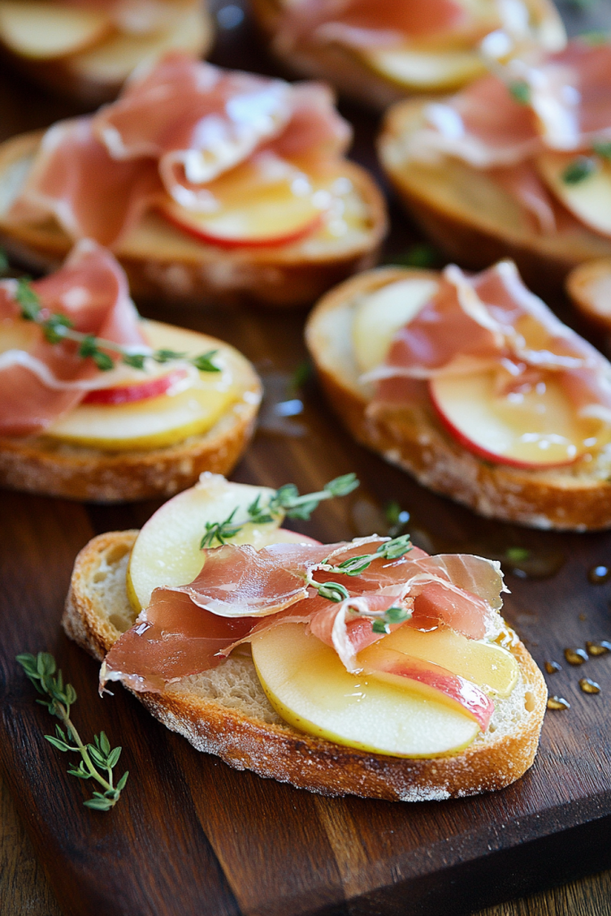Apple, Brie, and Prosciutto Crostini