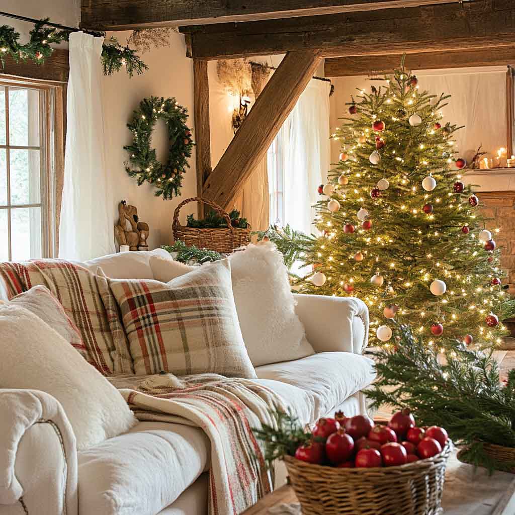cozy cottage living room sparkles with Christmas charm.